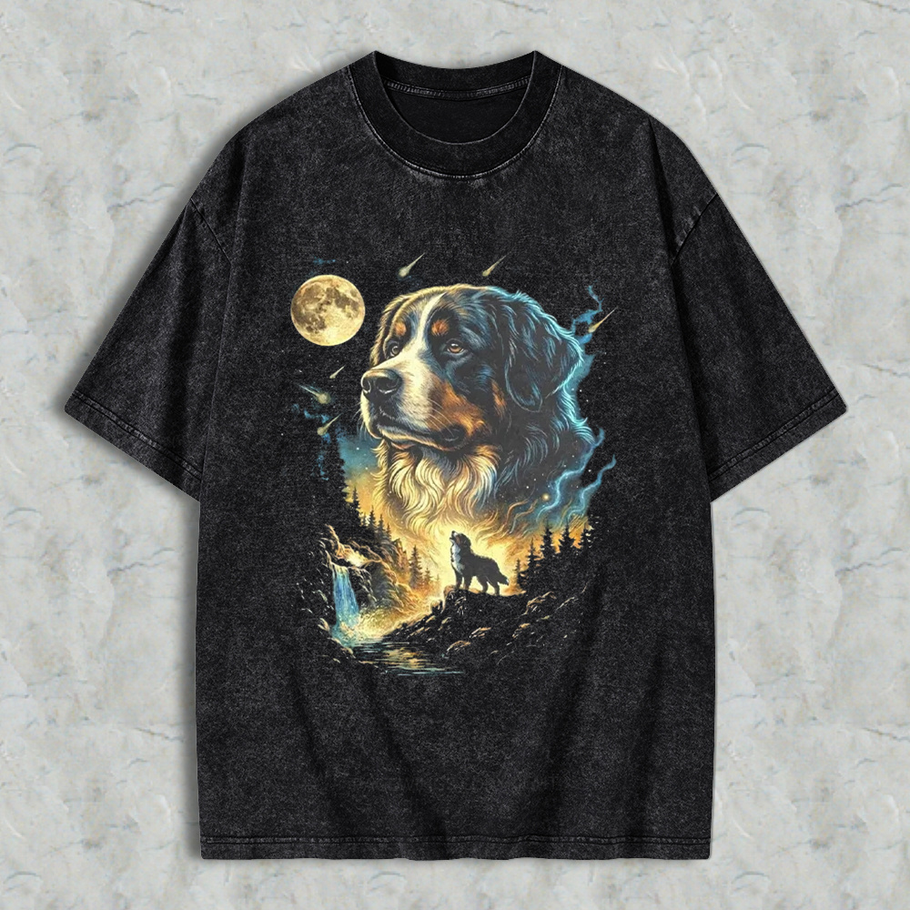 Bernese Mountain Dog Moonlit Forest Wolf Silhouette Art Washed T-shirt