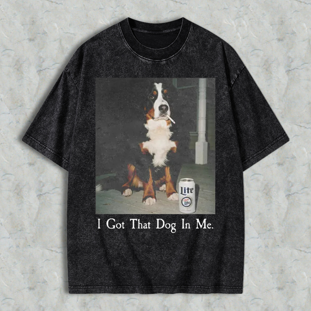 Funny Dog With Beer Can I Got That Dog In Me Graphic Washed T-shirt
