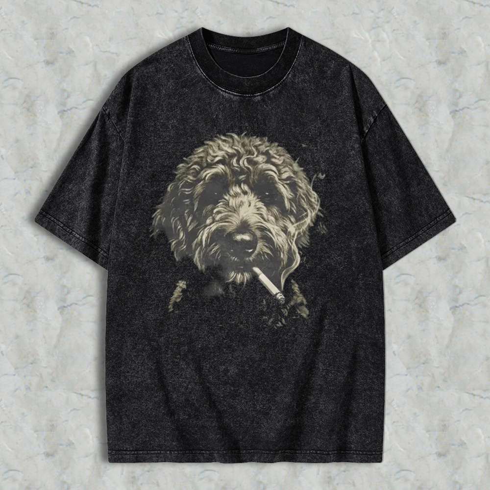Funny Curly Dog Smoking Cigarette Vintage Art Washed T-shirt