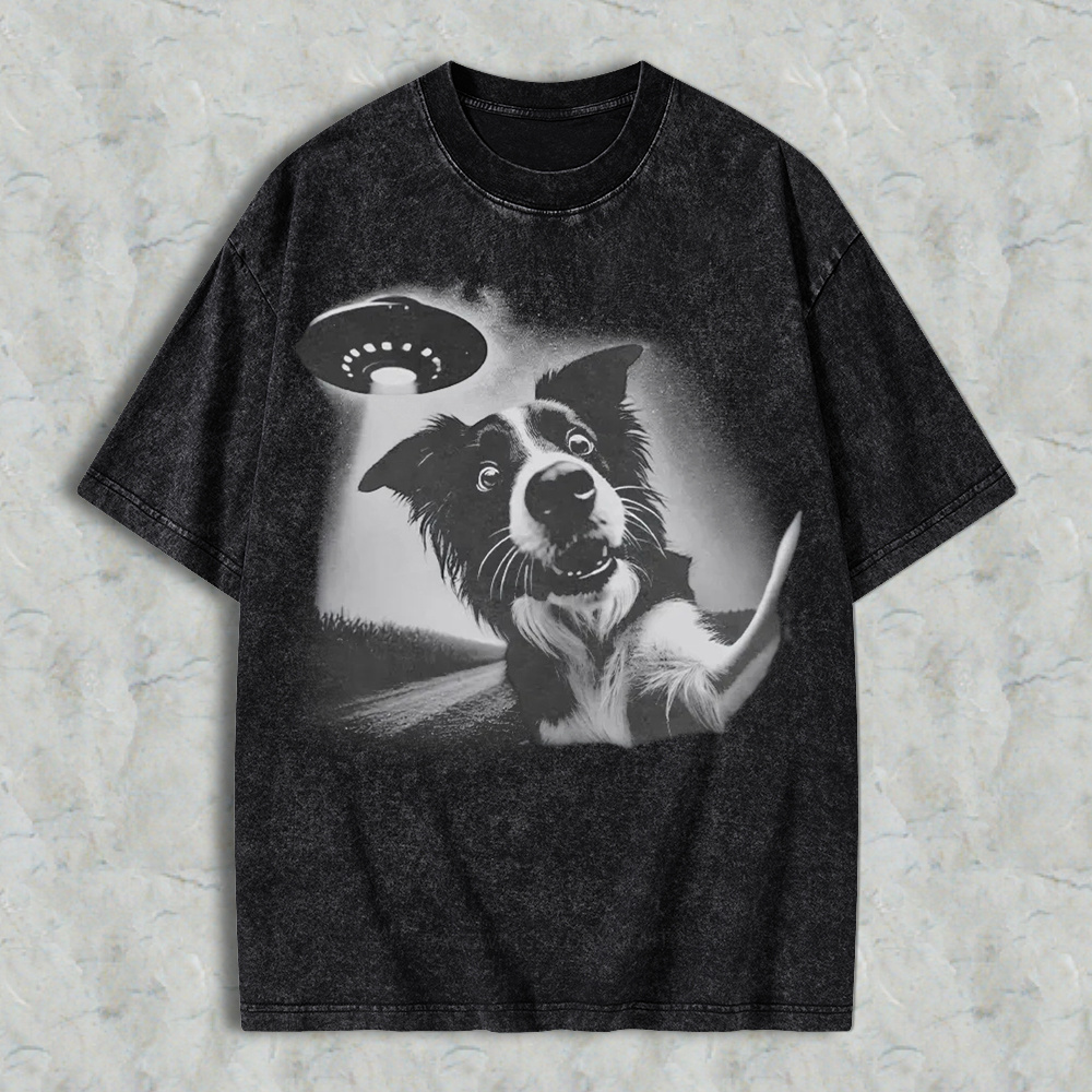 Funny Dog With Ufo Alien Spaceship Graphic Washed T-shirt