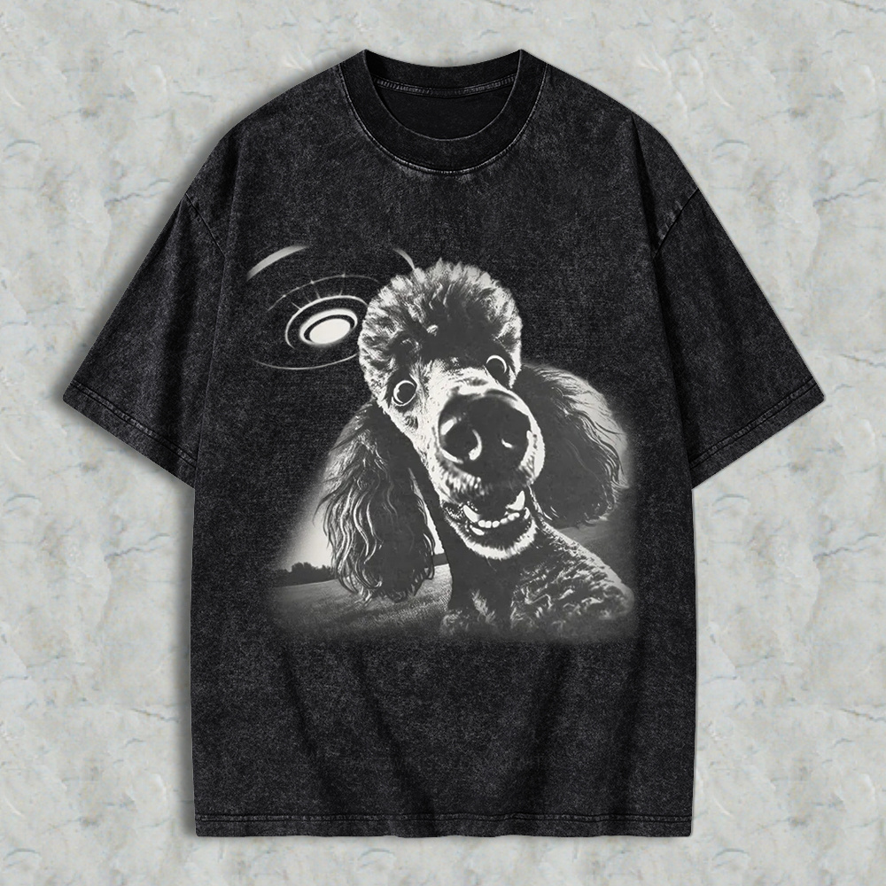 Funny Poodle Dog With Ufo Alien Spaceship Graphic Washed T-shirt