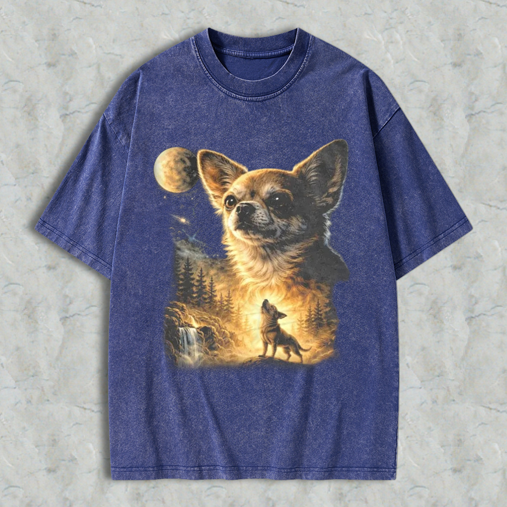 Chihuahua Wolf Howling At Moon Forest Scene Washed T-shirt