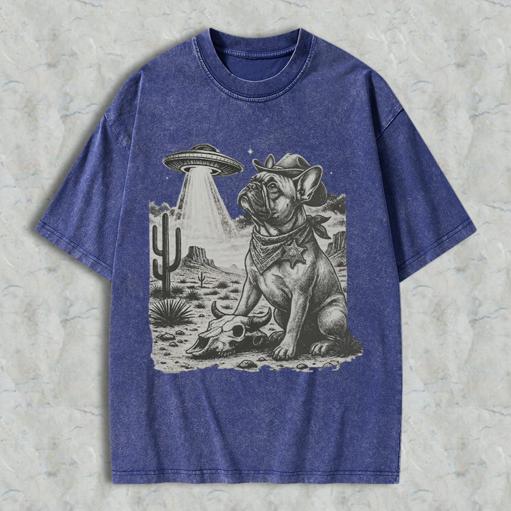 Cowboy French Bulldog With Ufo In Desert Washed T-shirt