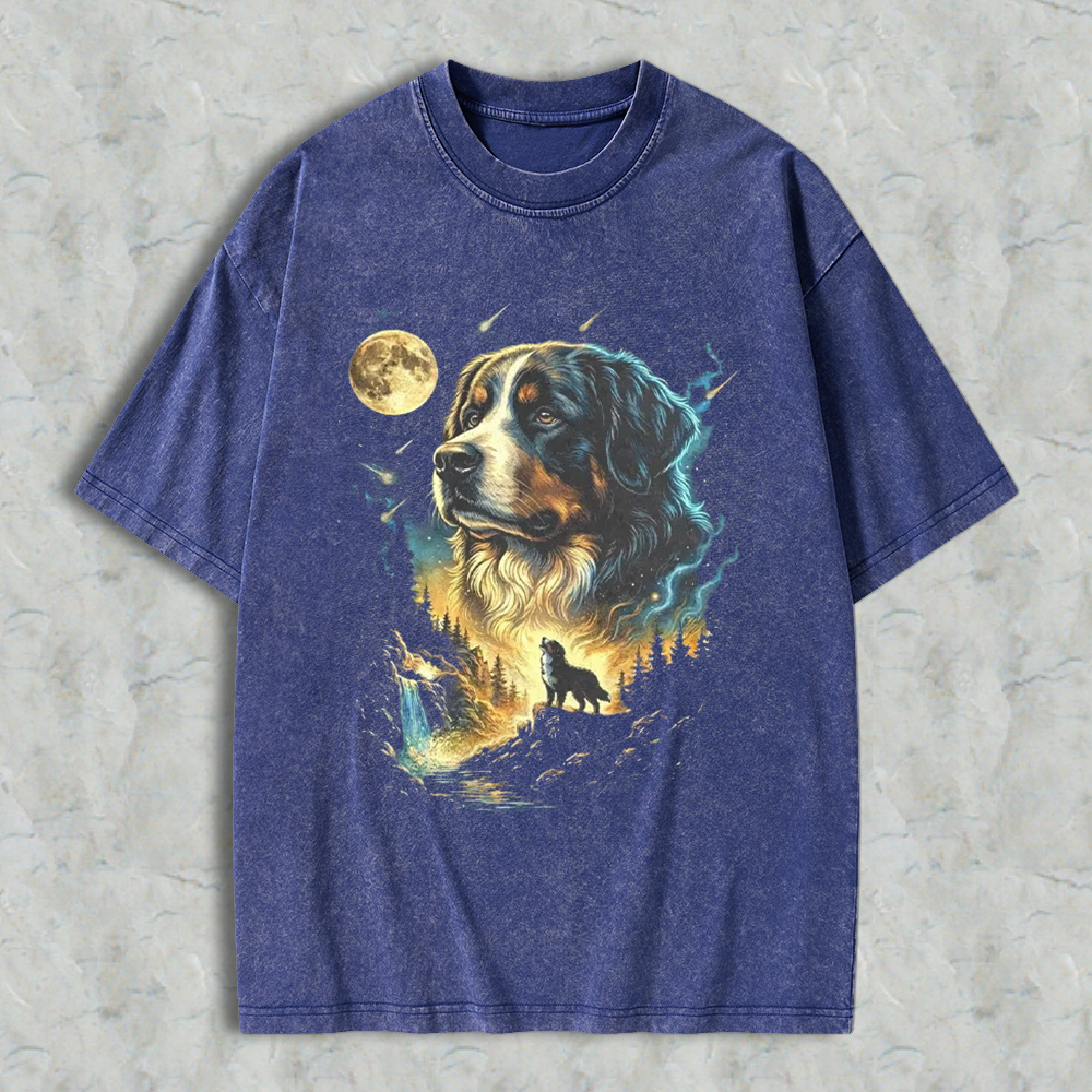Bernese Mountain Dog Moonlit Forest Wolf Silhouette Art Washed T-shirt