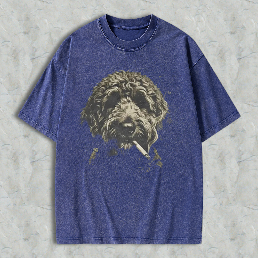 Funny Curly Dog Smoking Cigarette Vintage Art Washed T-shirt
