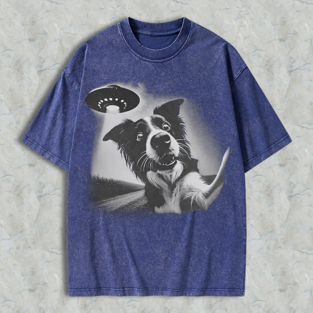 Funny Dog With Ufo Alien Spaceship Graphic Washed T-shirt