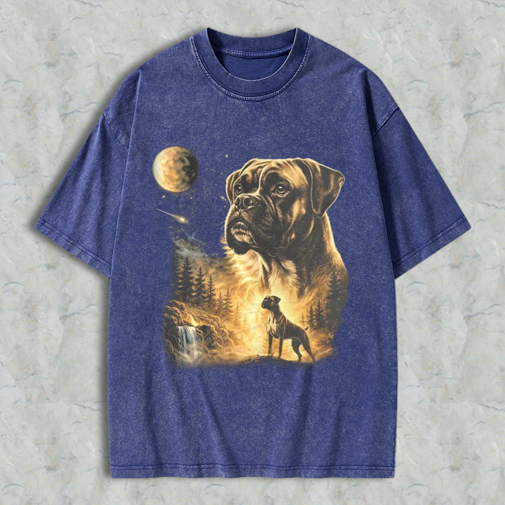 Mystical Boxer Dog Moonlit Forest Scene Washed T-shirt