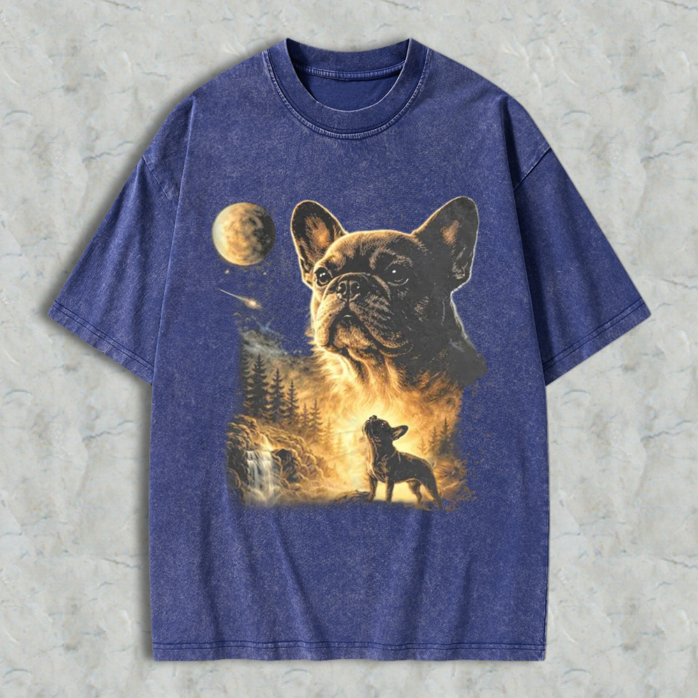 French Bulldog Howling At Moon Forest Night Sky Washed T-shirt