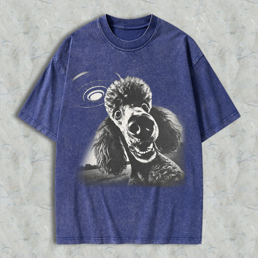 Funny Poodle Dog With Ufo Alien Spaceship Graphic Washed T-shirt