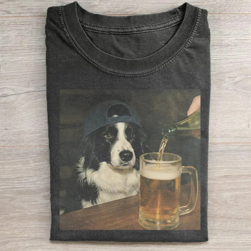 Funny Dog Watching Beer Being Poured Into Mug Graphic Washed T-shirt