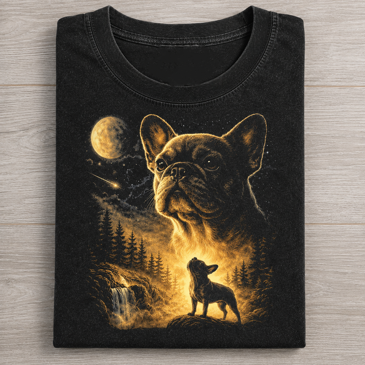 French Bulldog Howling At Moon Forest Night Sky Washed T-shirt