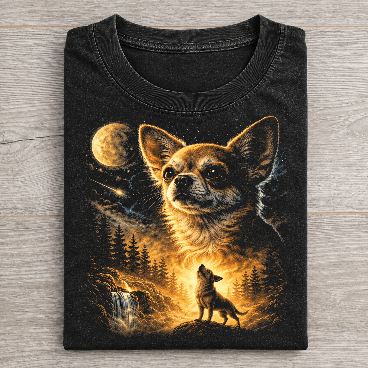 Chihuahua Wolf Howling At Moon Forest Scene Washed T-shirt