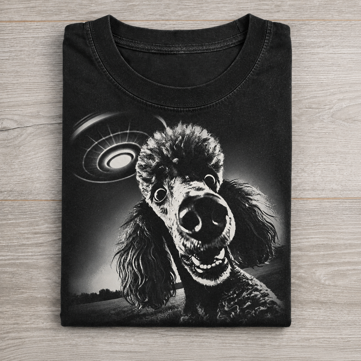 Funny Poodle Dog With Ufo Alien Spaceship Graphic Washed T-shirt