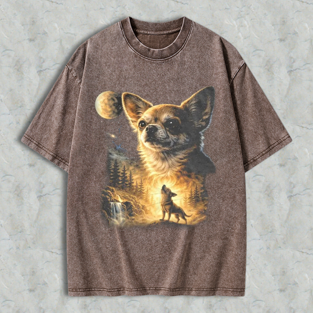 Chihuahua Wolf Howling At Moon Forest Scene Washed T-shirt