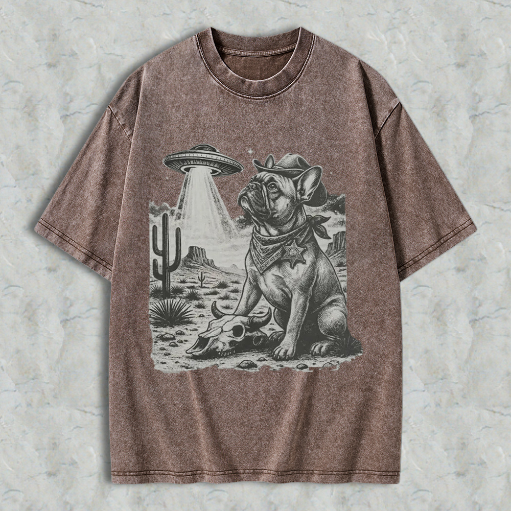 Cowboy French Bulldog With Ufo In Desert Washed T-shirt
