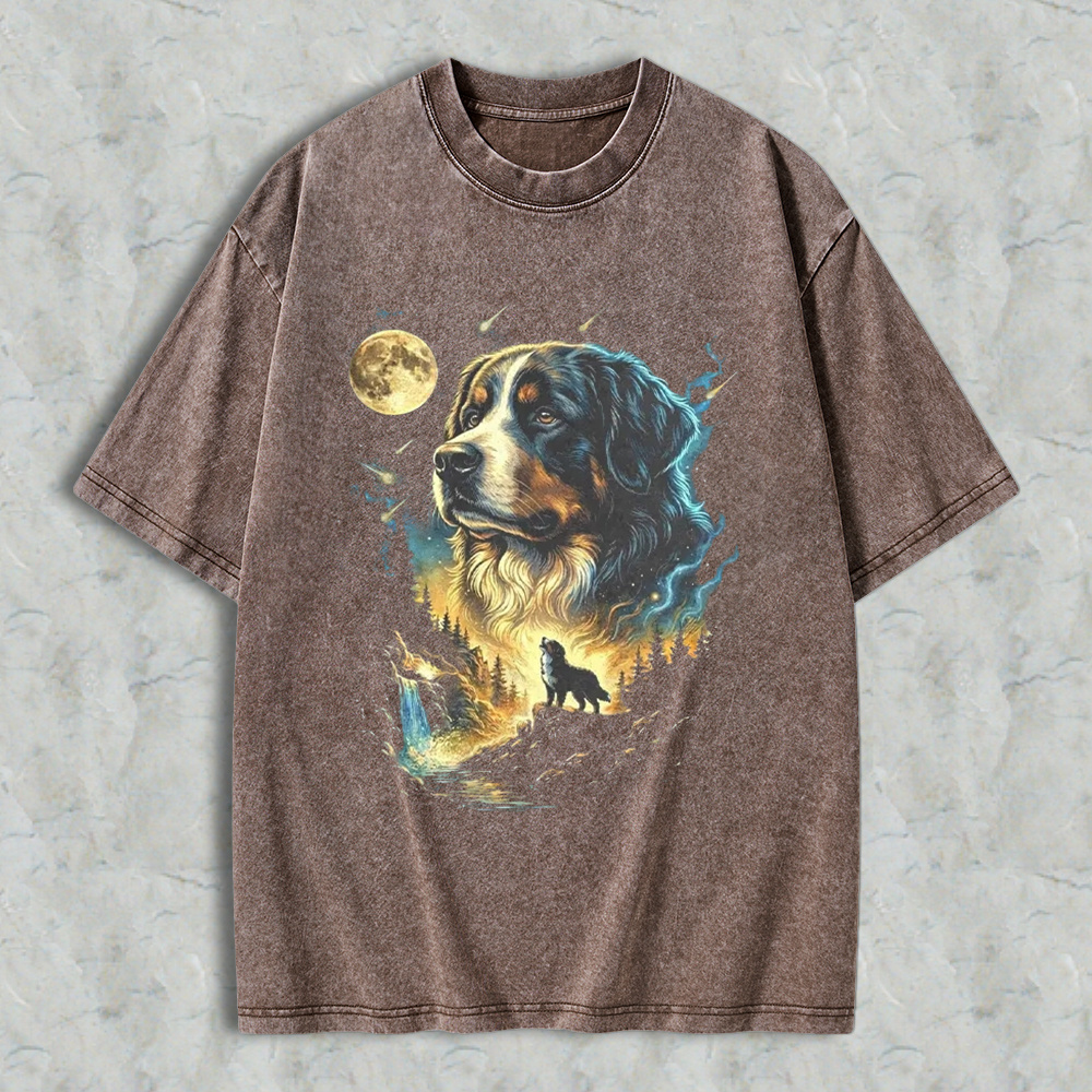 Bernese Mountain Dog Moonlit Forest Wolf Silhouette Art Washed T-shirt