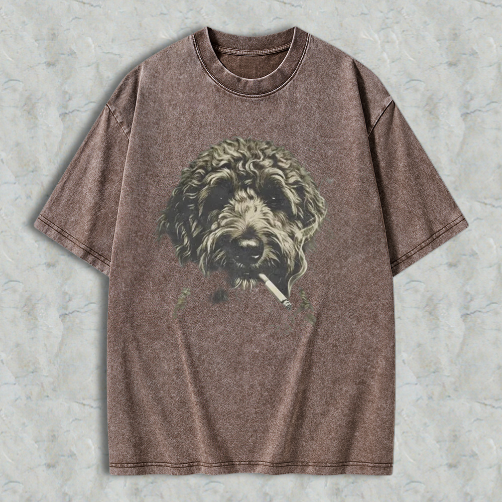 Funny Curly Dog Smoking Cigarette Vintage Art Washed T-shirt