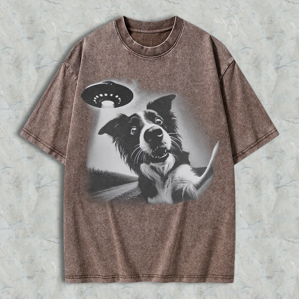 Funny Dog With Ufo Alien Spaceship Graphic Washed T-shirt