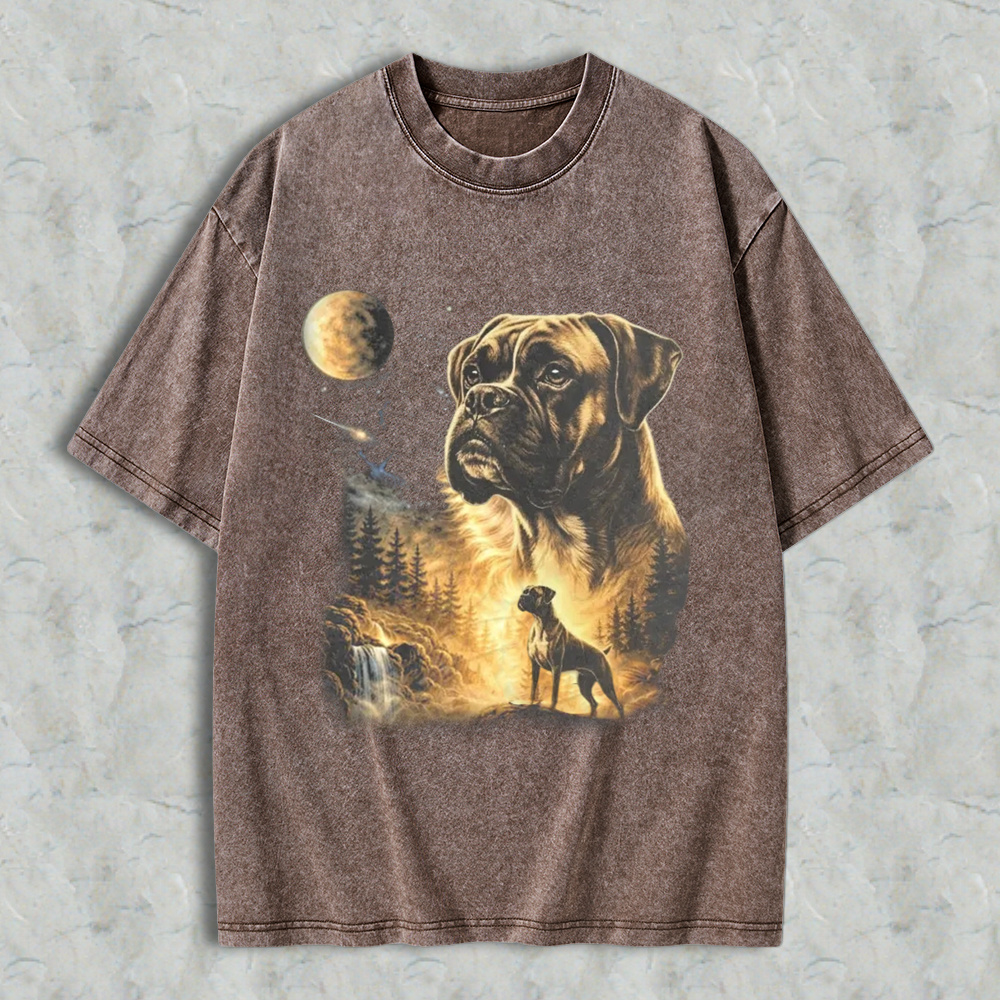Mystical Boxer Dog Moonlit Forest Scene Washed T-shirt