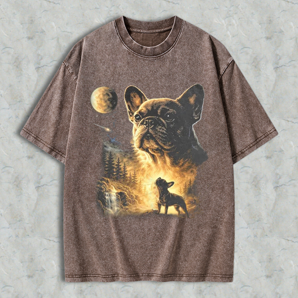 French Bulldog Howling At Moon Forest Night Sky Washed T-shirt