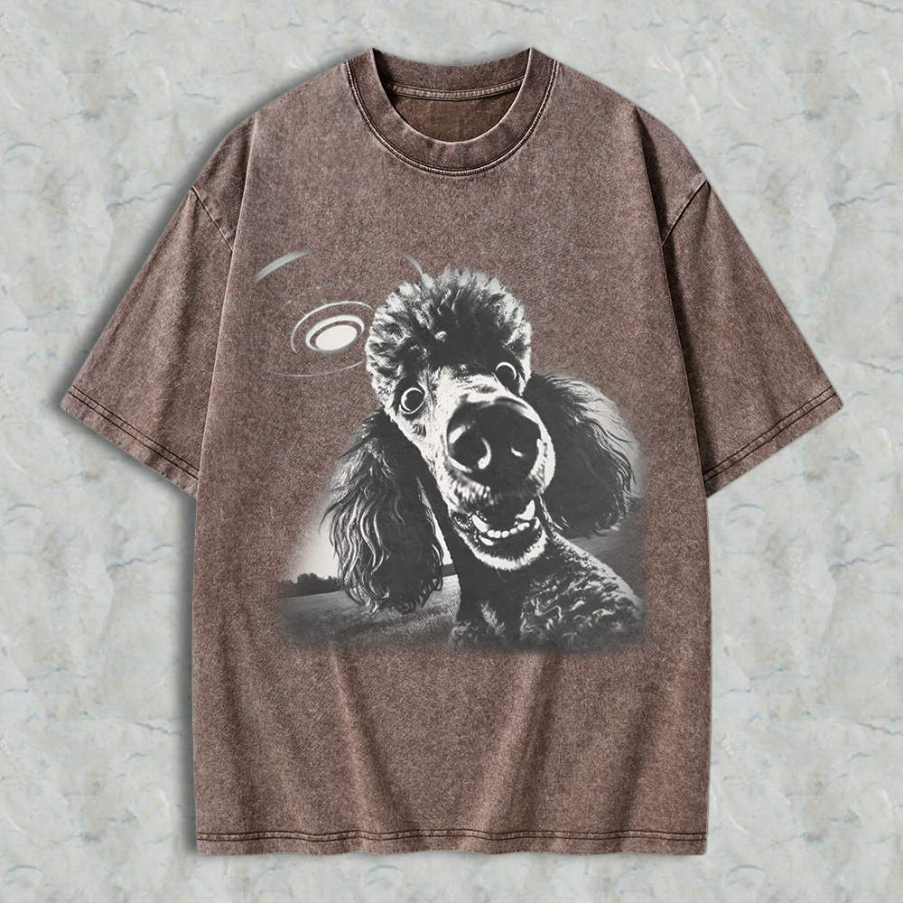 Funny Poodle Dog With Ufo Alien Spaceship Graphic Washed T-shirt