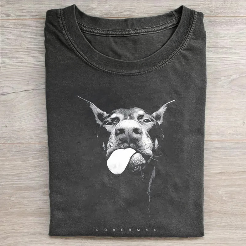 Doberman Dog Tongue Out Graphic Washed T-shirt