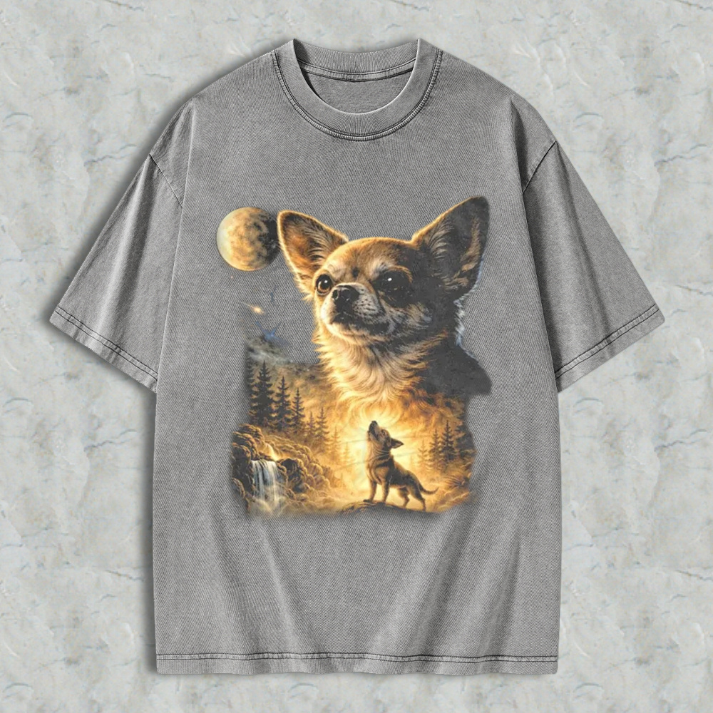 Chihuahua Wolf Howling At Moon Forest Scene Washed T-shirt