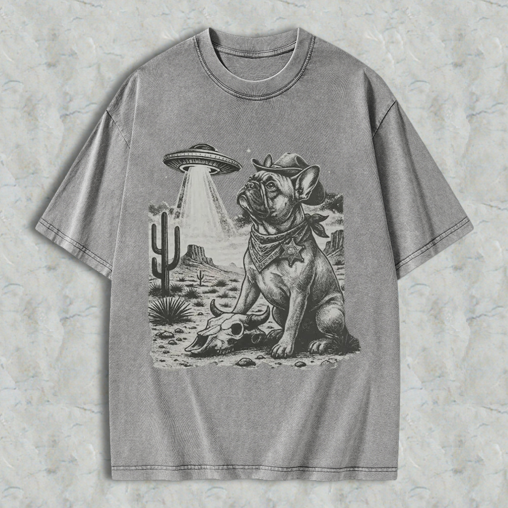 Cowboy French Bulldog With Ufo In Desert Washed T-shirt