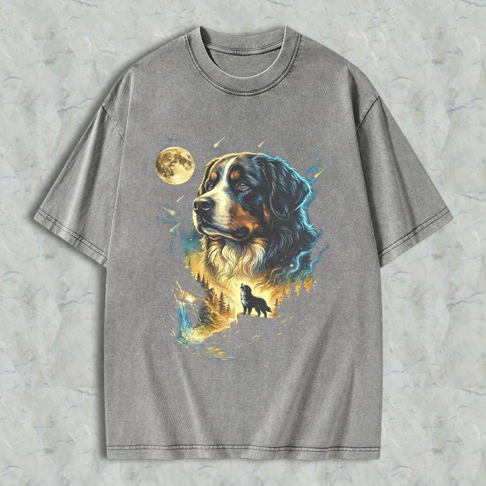 Bernese Mountain Dog Moonlit Forest Wolf Silhouette Art Washed T-shirt