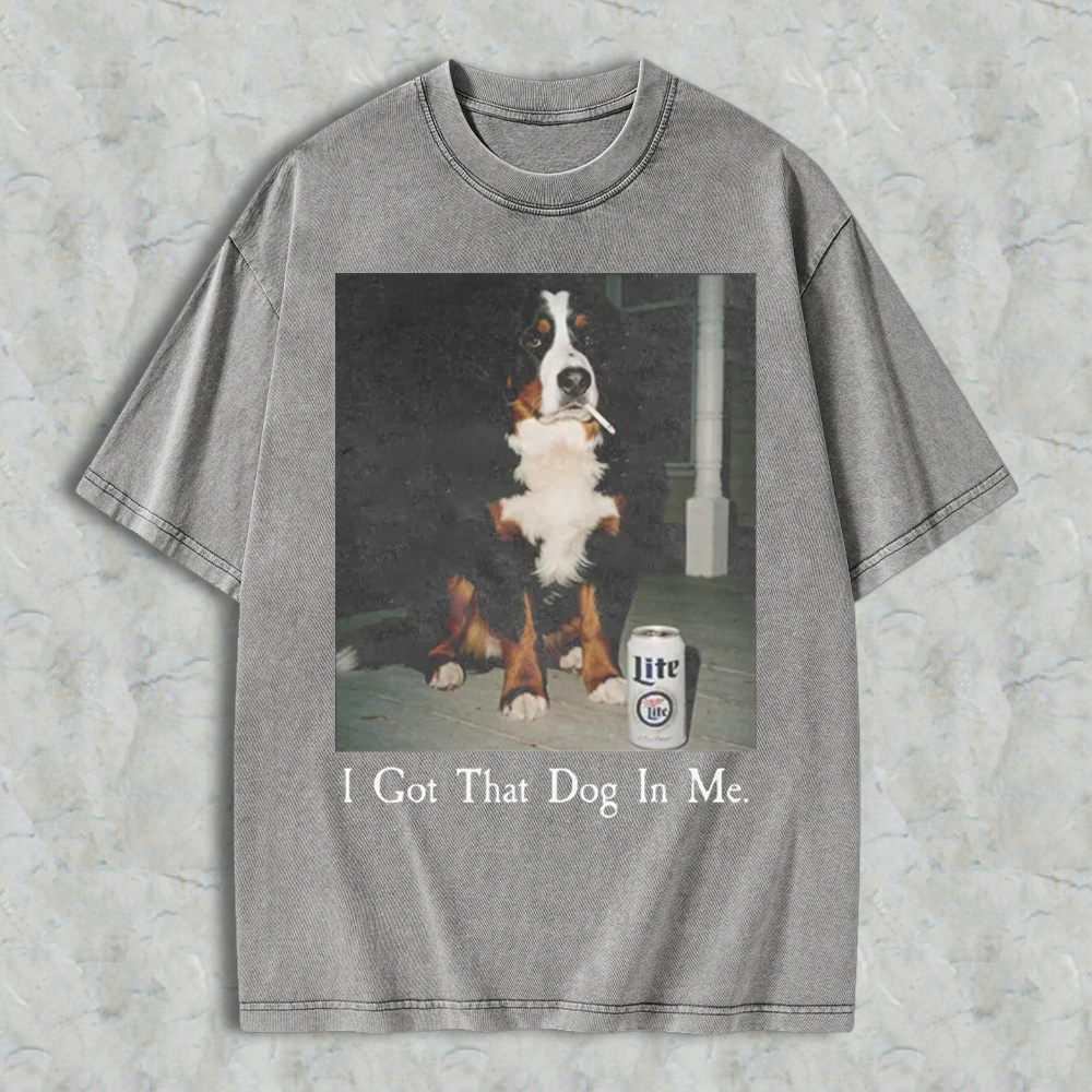 Funny Dog With Beer Can I Got That Dog In Me Graphic Washed T-shirt