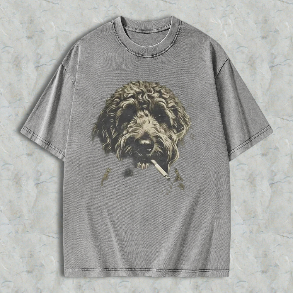 Funny Curly Dog Smoking Cigarette Vintage Art Washed T-shirt