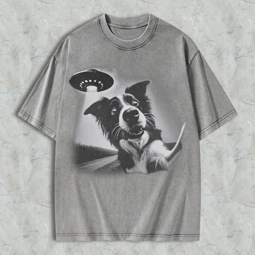 Funny Dog With Ufo Alien Spaceship Graphic Washed T-shirt