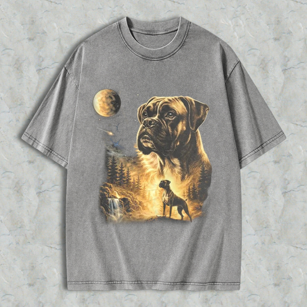 Mystical Boxer Dog Moonlit Forest Scene Washed T-shirt