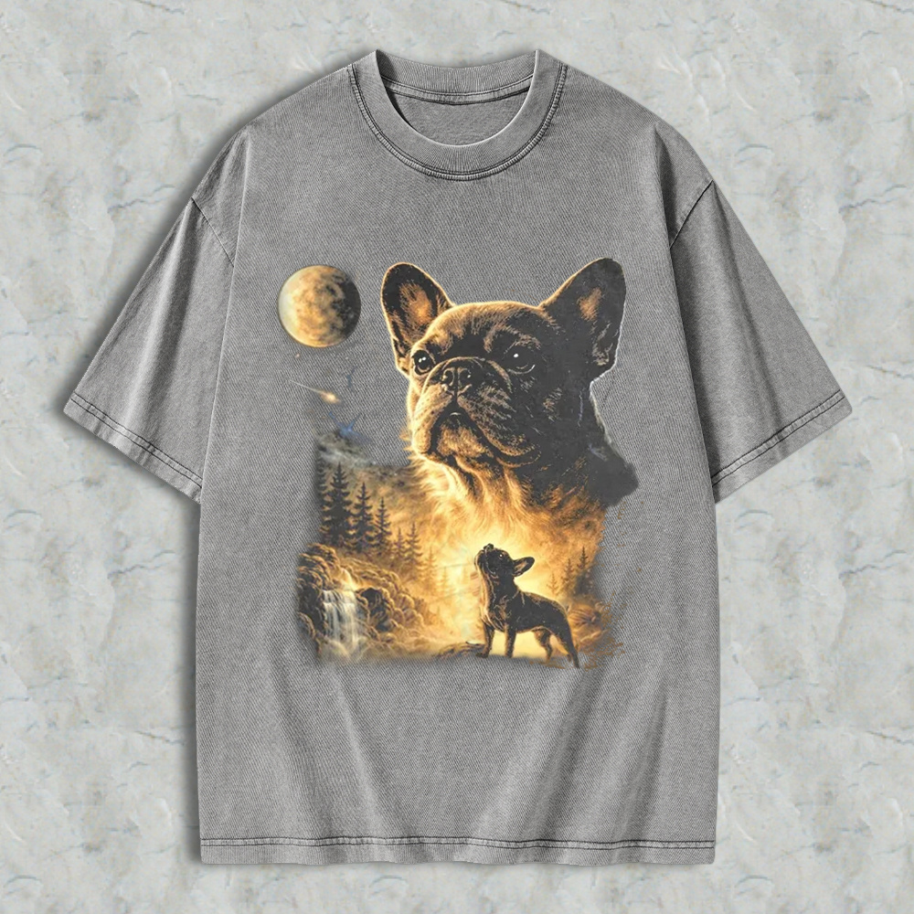 French Bulldog Howling At Moon Forest Night Sky Washed T-shirt