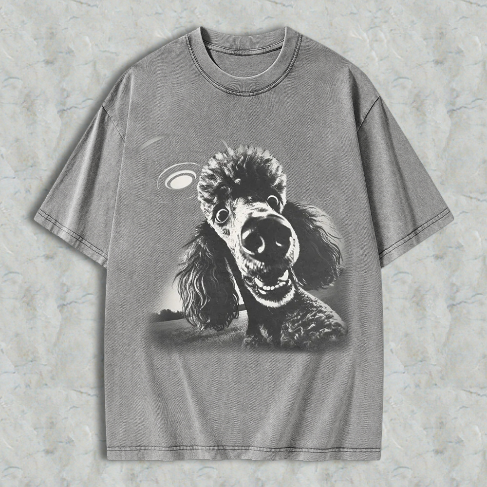 Funny Poodle Dog With Ufo Alien Spaceship Graphic Washed T-shirt