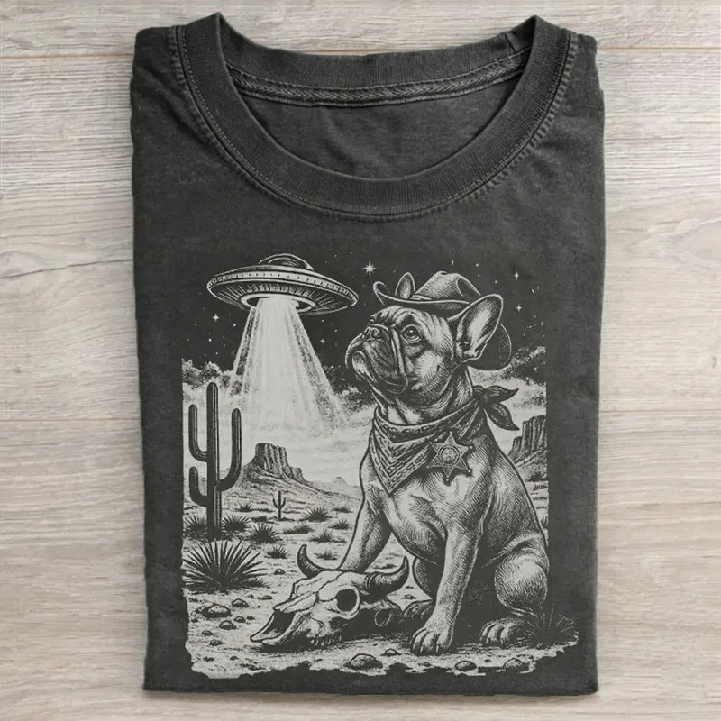 Cowboy French Bulldog With Ufo In Desert Washed T-shirt