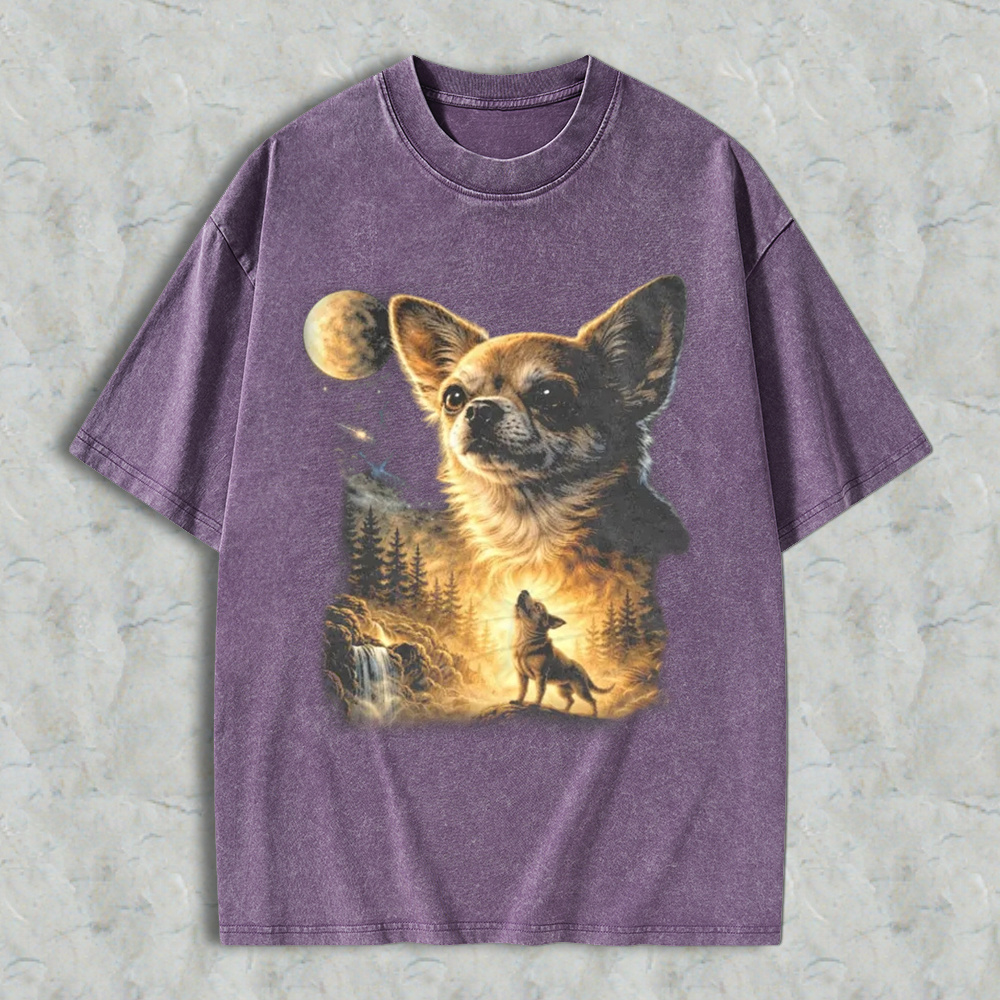 Chihuahua Wolf Howling At Moon Forest Scene Washed T-shirt