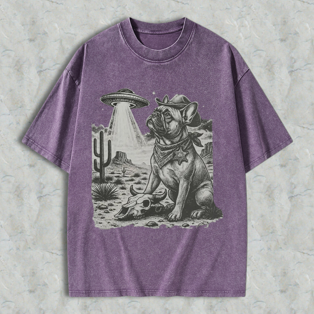 Cowboy French Bulldog With Ufo In Desert Washed T-shirt