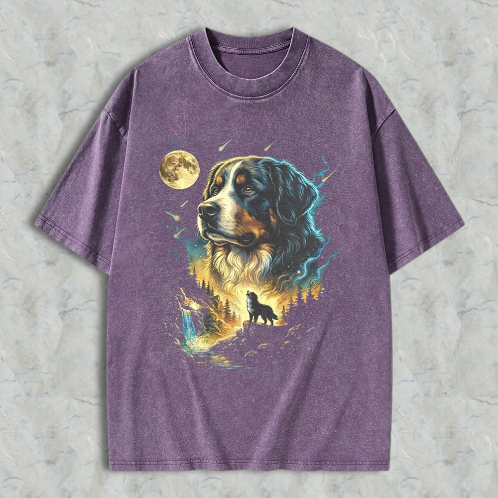 Bernese Mountain Dog Moonlit Forest Wolf Silhouette Art Washed T-shirt
