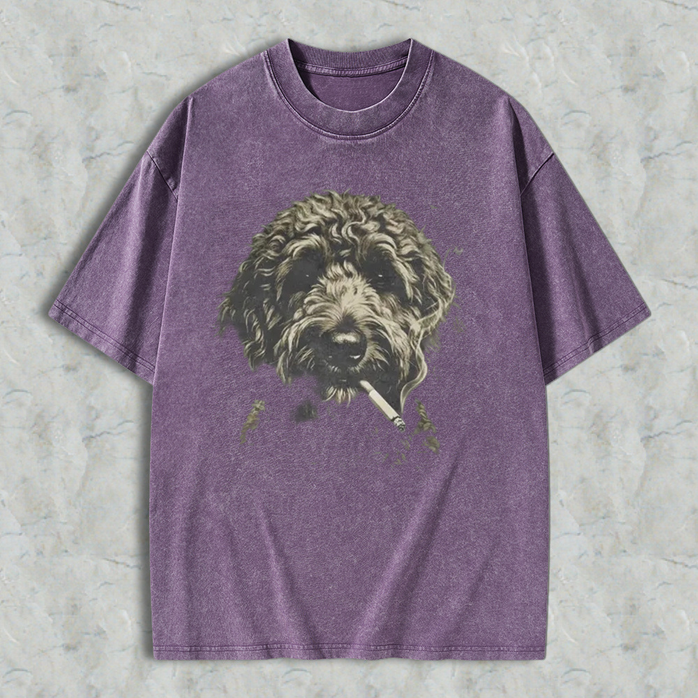 Funny Curly Dog Smoking Cigarette Vintage Art Washed T-shirt