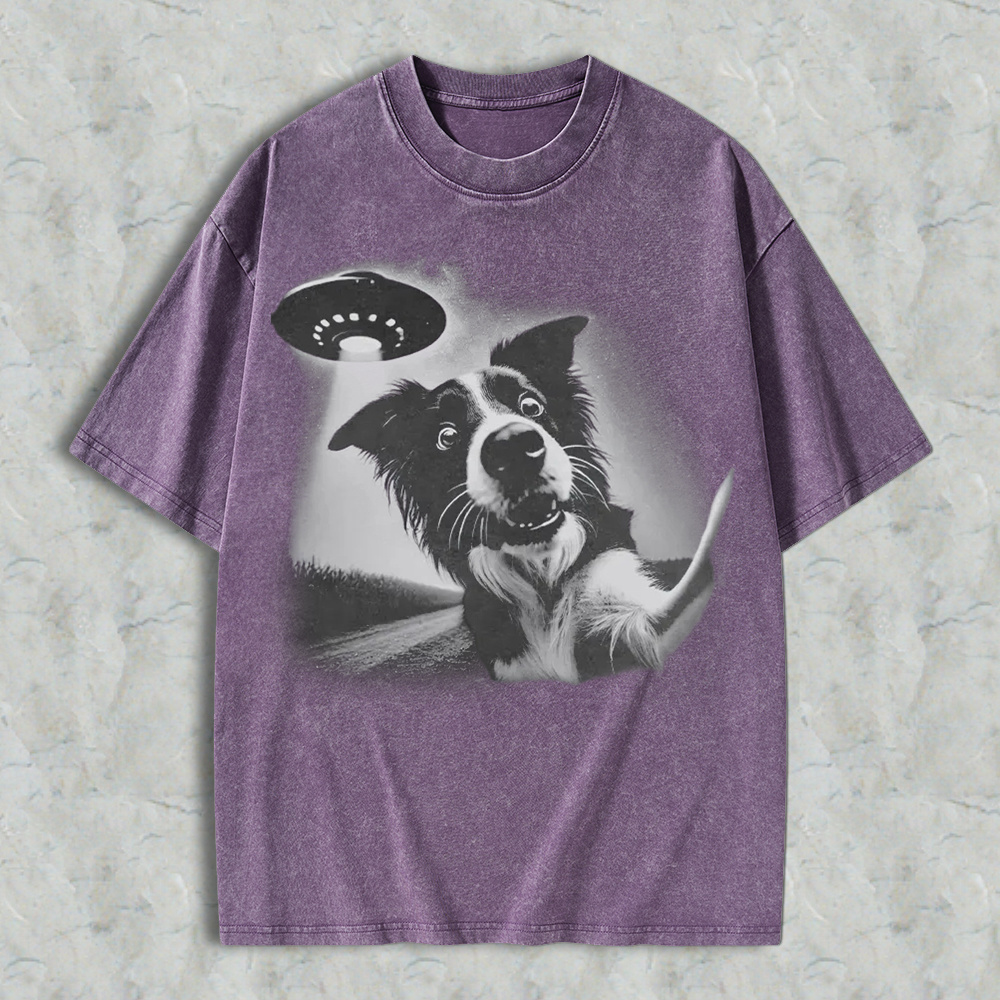Funny Dog With Ufo Alien Spaceship Graphic Washed T-shirt