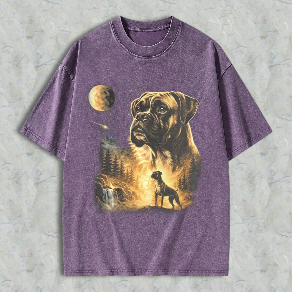 Mystical Boxer Dog Moonlit Forest Scene Washed T-shirt