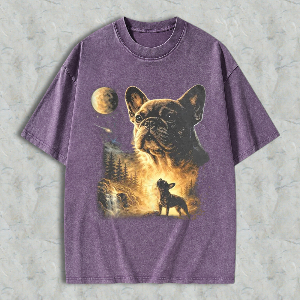 French Bulldog Howling At Moon Forest Night Sky Washed T-shirt
