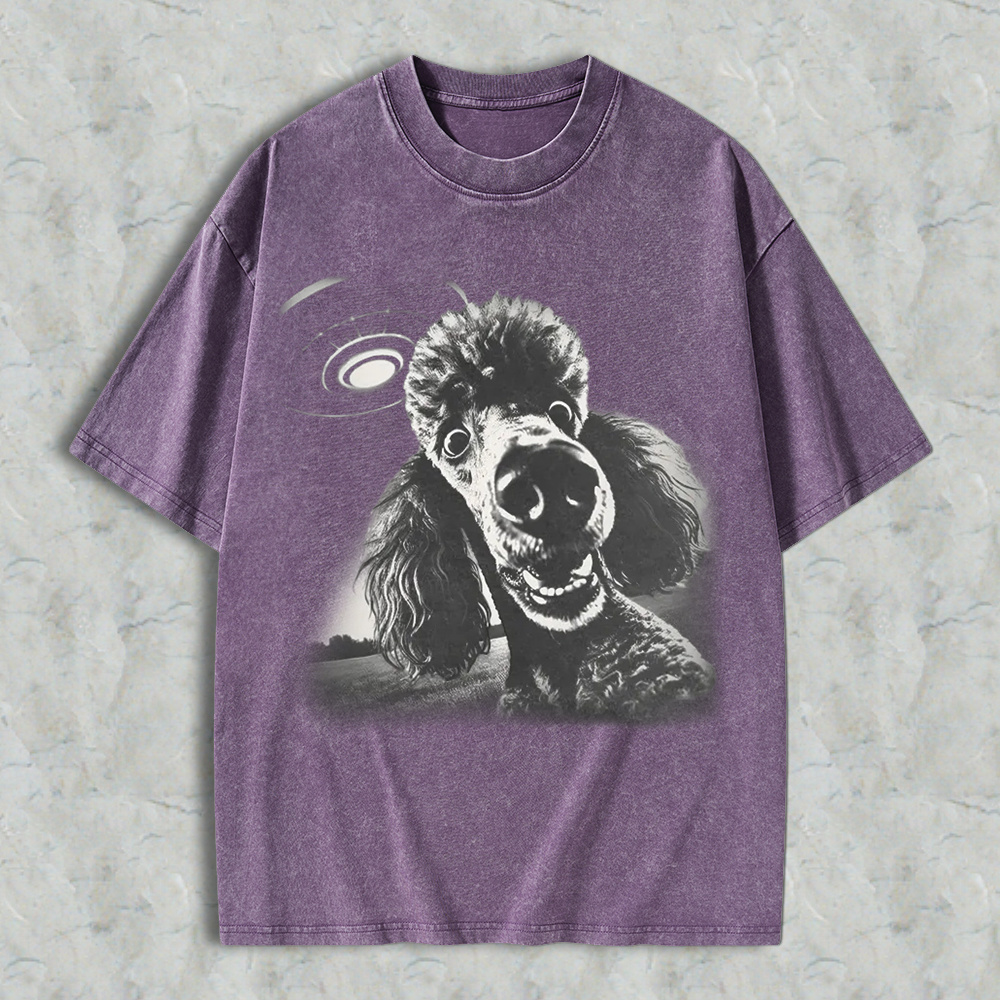 Funny Poodle Dog With Ufo Alien Spaceship Graphic Washed T-shirt
