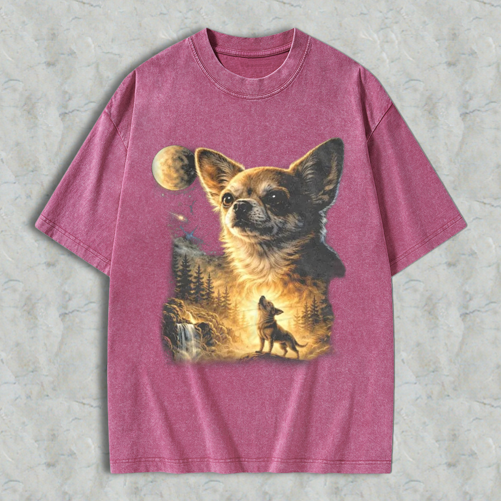 Chihuahua Wolf Howling At Moon Forest Scene Washed T-shirt