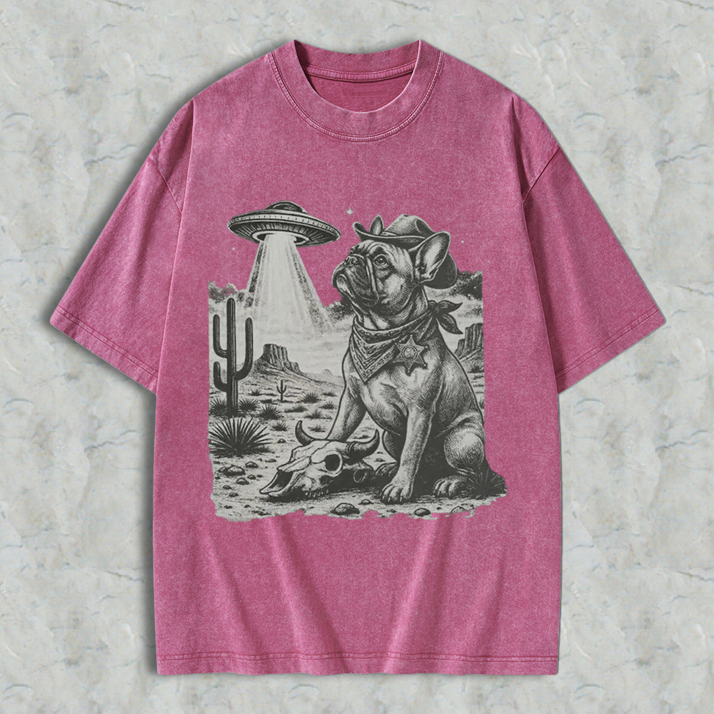Cowboy French Bulldog With Ufo In Desert Washed T-shirt