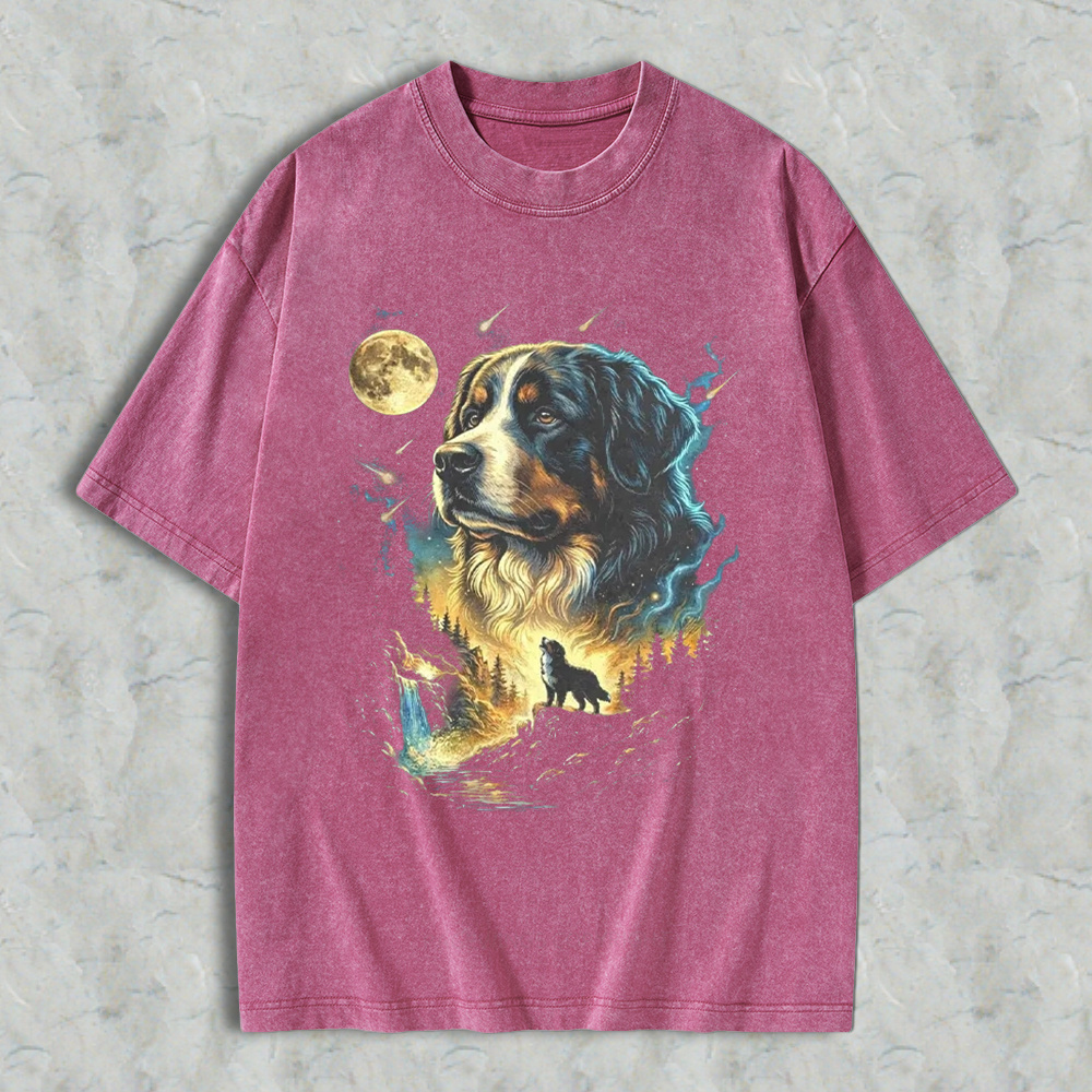 Bernese Mountain Dog Moonlit Forest Wolf Silhouette Art Washed T-shirt