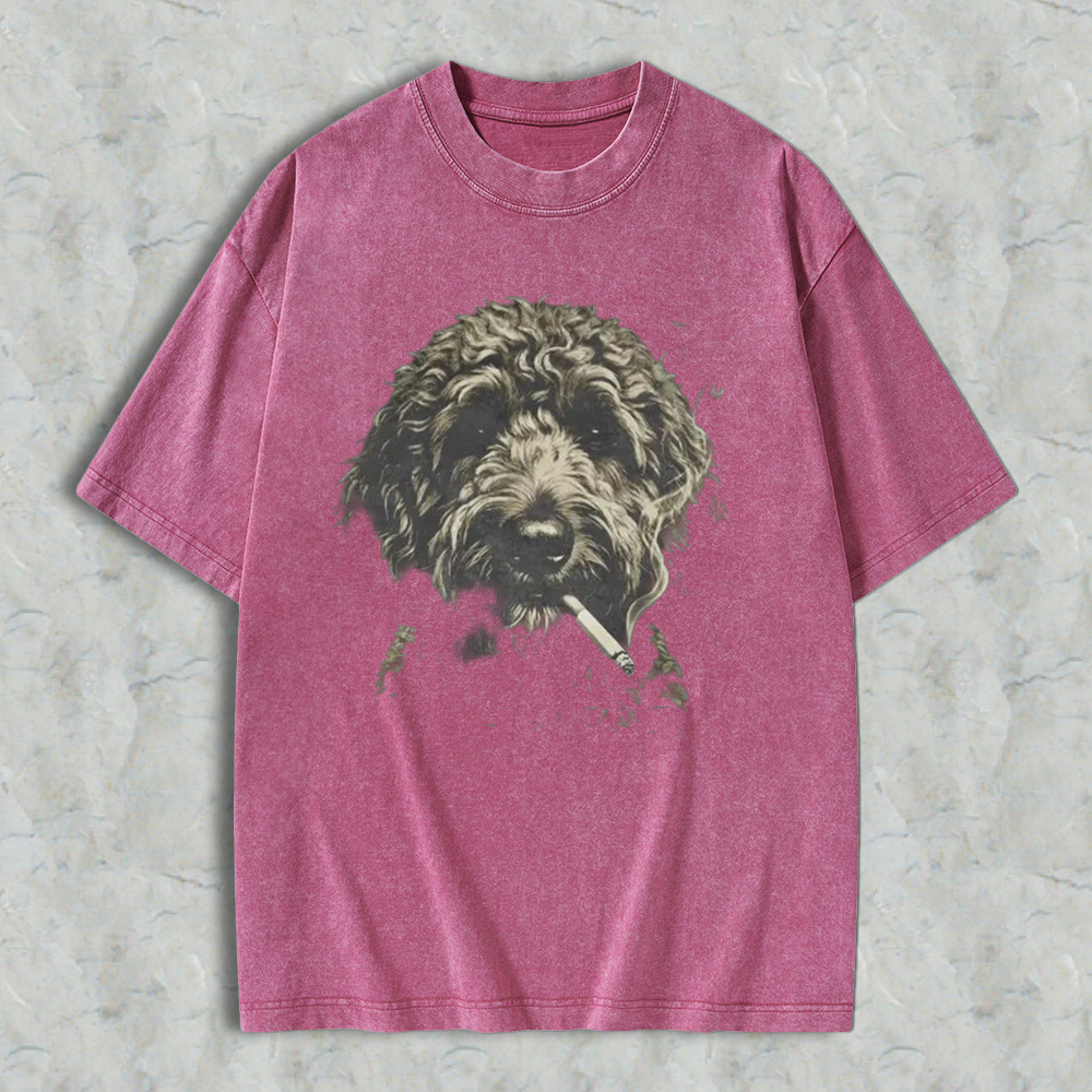 Funny Curly Dog Smoking Cigarette Vintage Art Washed T-shirt