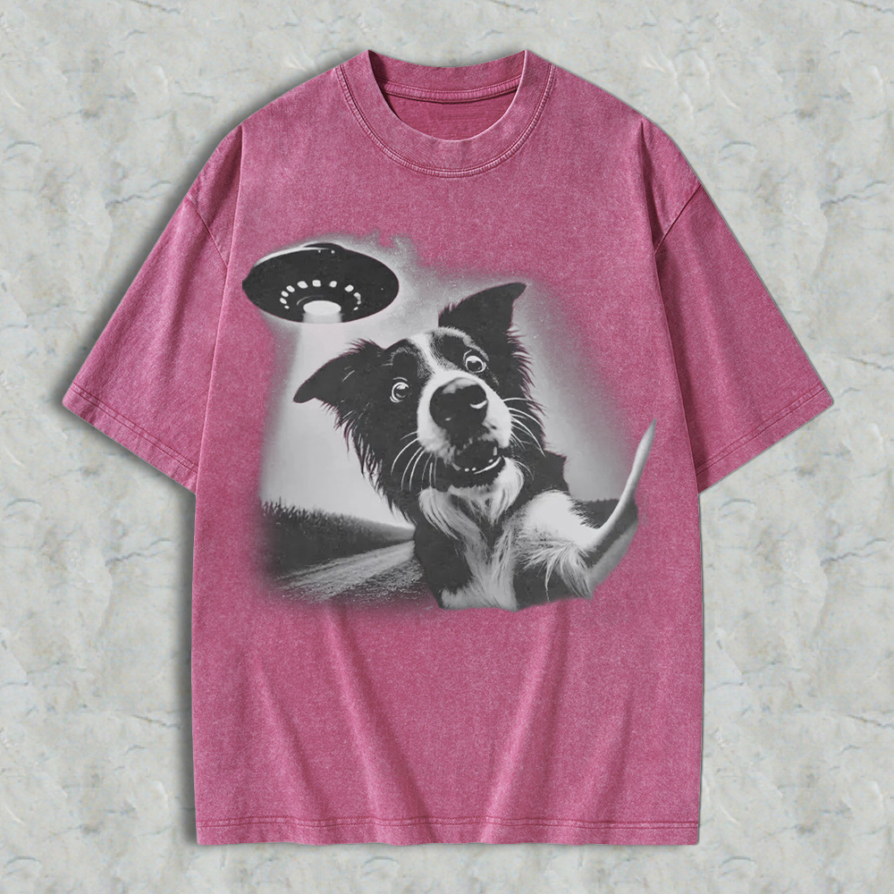 Funny Dog With Ufo Alien Spaceship Graphic Washed T-shirt