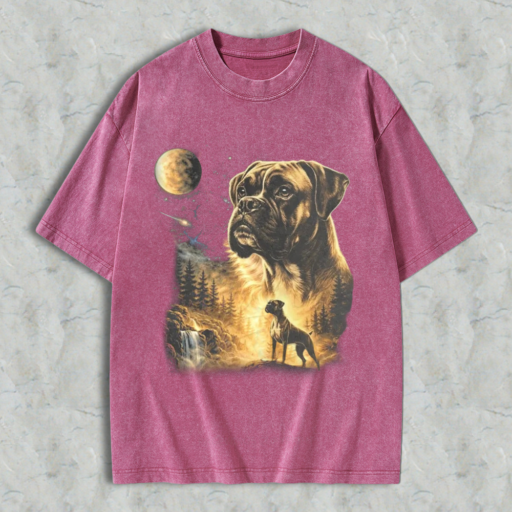 Mystical Boxer Dog Moonlit Forest Scene Washed T-shirt